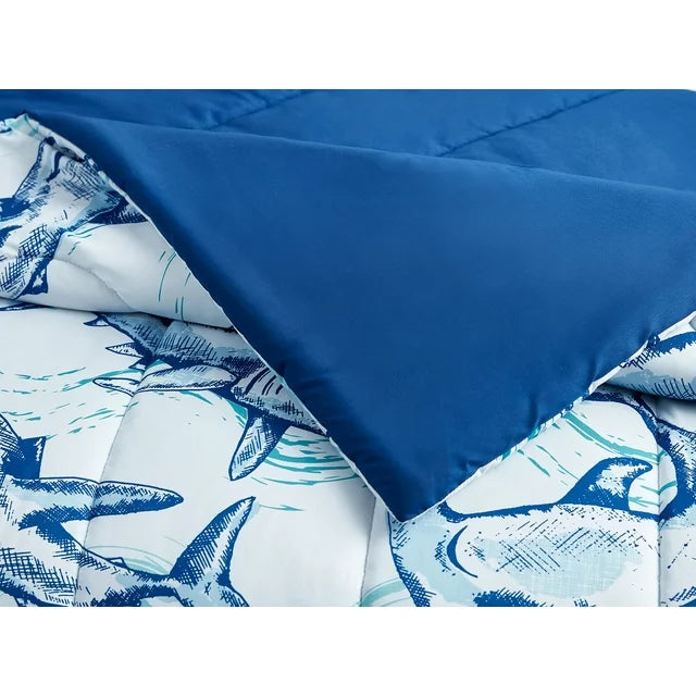 Your Zone Blue Shark Attack Twin Bedding Set for Kids, Machine Wash, 5 Pieces