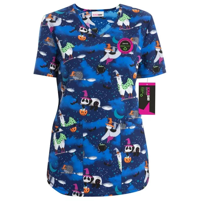 Scrubstar Women's Halloween Creatures V-Neck Print Scrub Top WM32T738GD