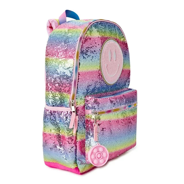 Wonder Nation Girls 17" Laptop Backpack Smiles & Rainbows Rosy Petal Sequin