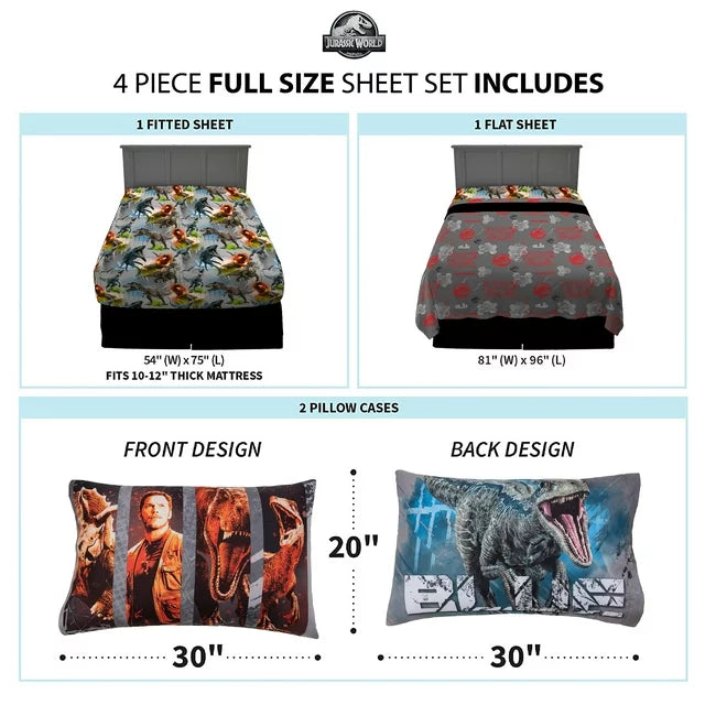 Jurassic World Kids Full Sheet Set, Gray, Universal