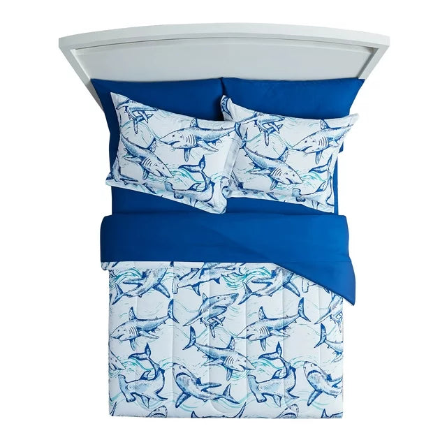Your Zone Blue Shark Attack Twin Bedding Set for Kids, Machine Wash, 5 Pieces