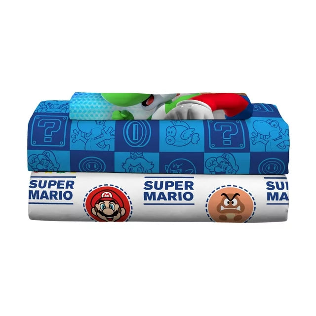 Super Mario Kids 3piece Twin Sheet Set, Gaming Bedding, Blue and White, Nintendo