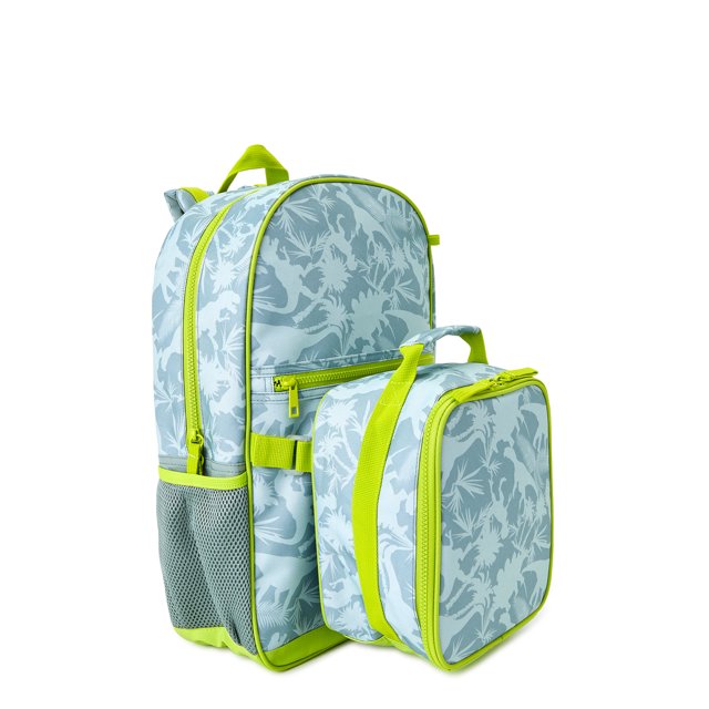 Wonder Nation Children's Backpack with Lunch Box and Pencil Case 3-Piece Set Green Dinosaur Print