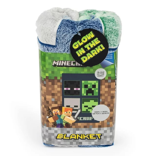 Minecraft Bad Mobs Club Glow In The Dark Kids Blanket, 62 x 90, Microfiber, Blue, Mojang, Gaming Bedding