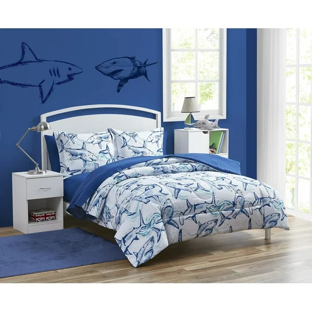 Your Zone Blue Shark Attack Twin Bedding Set for Kids, Machine Wash, 5 Pieces
