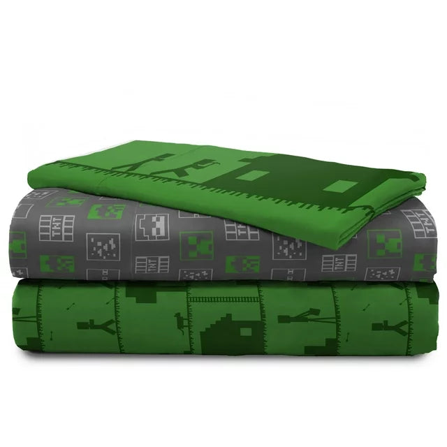 Minecraft Icon Adventure Kids 3-Piece Twin Sheet Set, Microfiber, Green, Mojang, Gaming Bedding