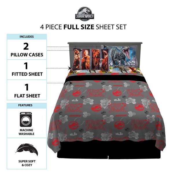 Jurassic World Kids Full Sheet Set, Gray, Universal