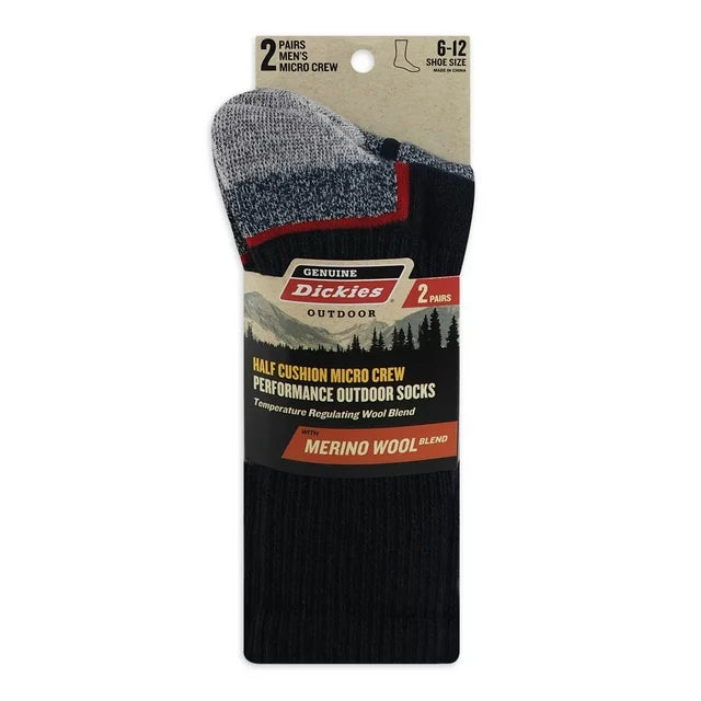 Dickies Mens Outdoor Wool Micro Crew Socks, 2-Pack