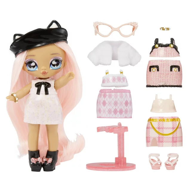 Na Na Na Mini Ultimate Surprise Kitty Katwood 4" Mini Fashion Doll Kitty Inspired w/ 10 Mystery Fashions, Balloon Popping Confetti Surprises, Poseable, Toy Gift for Kids Girls Boys 4 5 6 7 8+