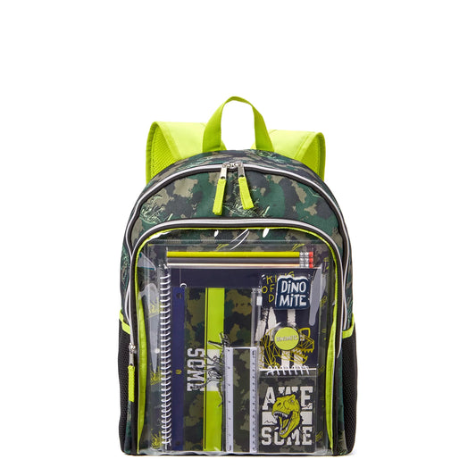 Schoolyard Vibes Boys Children Backpack with Stationary Set Dinosaur Print, Green