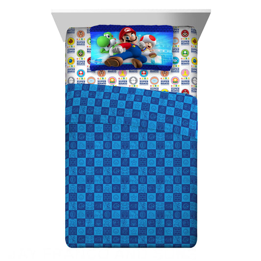 Super Mario Kids 3piece Twin Sheet Set, Gaming Bedding, Blue and White, Nintendo