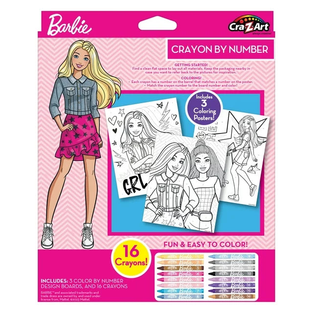 Cra-Z-Art Barbie Crayon by Number Poster Set, 19 Piece Coloring Set, Beginner, Unisex Ages 4 and up